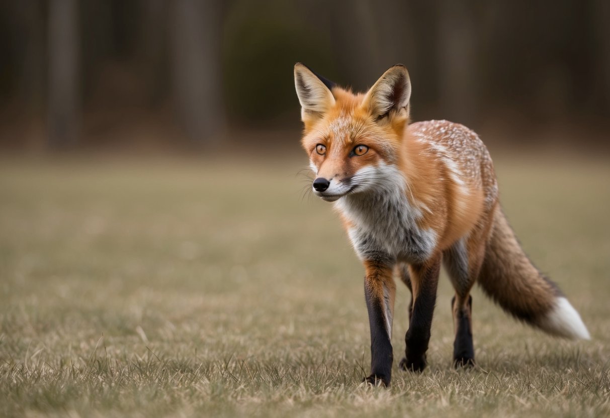 A fox approaches, ears perked, eyes curious, tail low