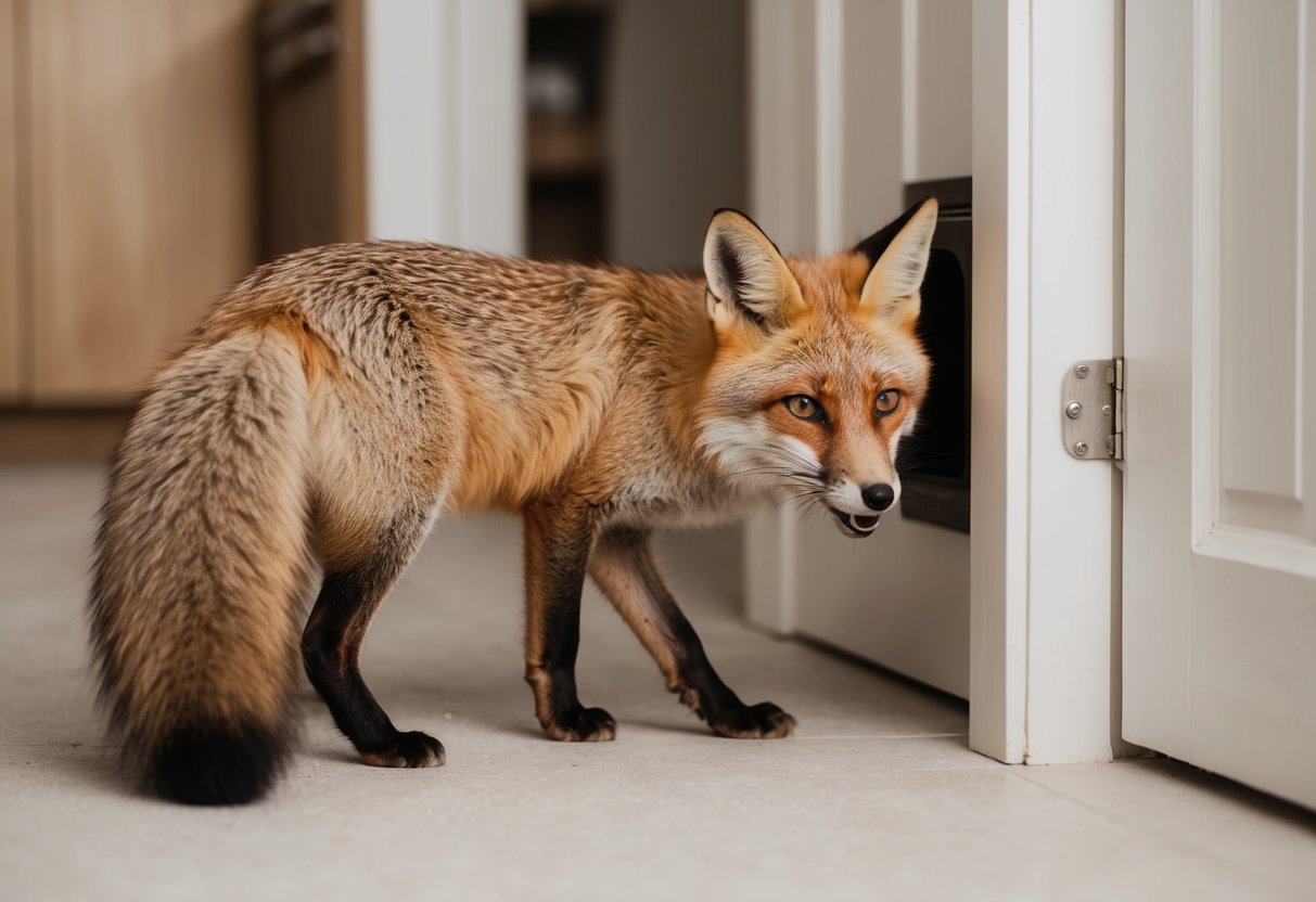 A fox squeezes through a small cat flap, its bushy tail sticking out as it enters a cozy home