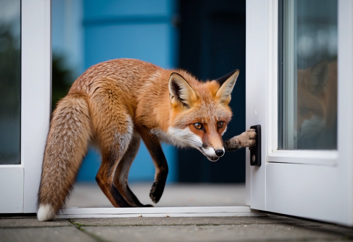 A fox squeezing through a small cat flap, its body contorted to fit