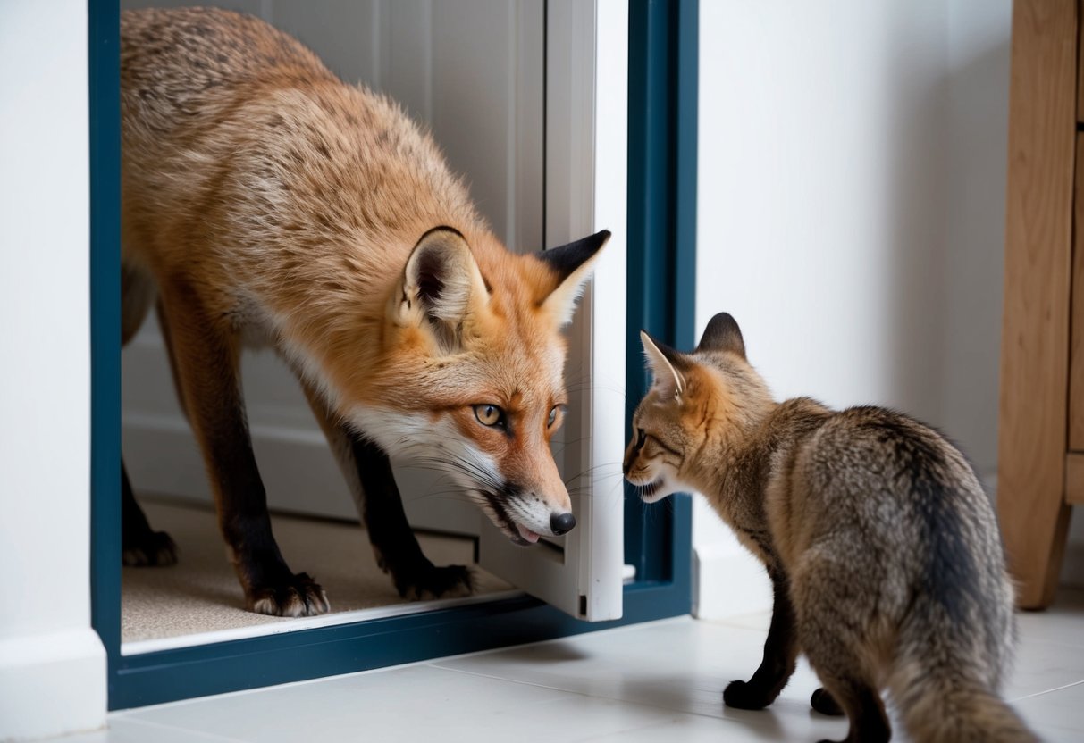 A fox struggles to fit through a small cat flap, its body halfway in and out, while a cat watches from a distance