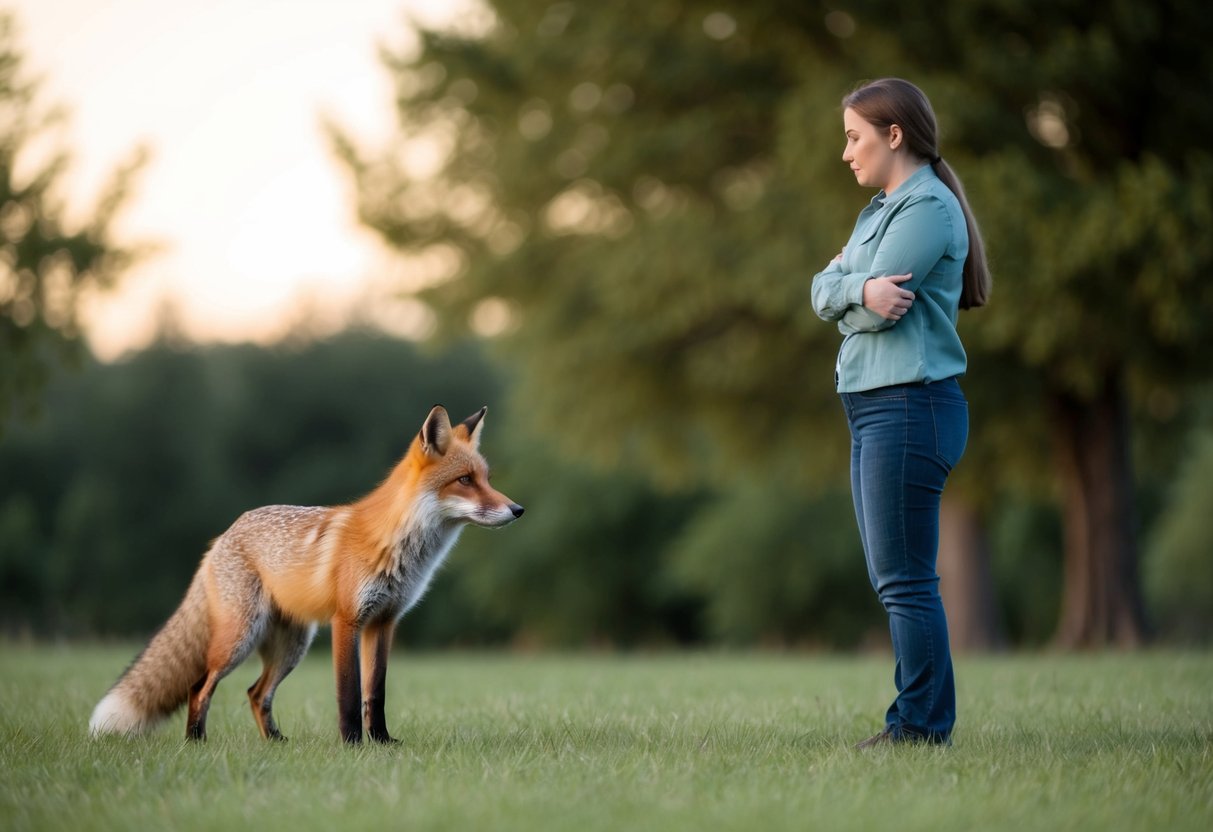 A fox approaches a person, who stands still with arms crossed, maintaining a safe distance. The person avoids direct eye contact and slowly backs away