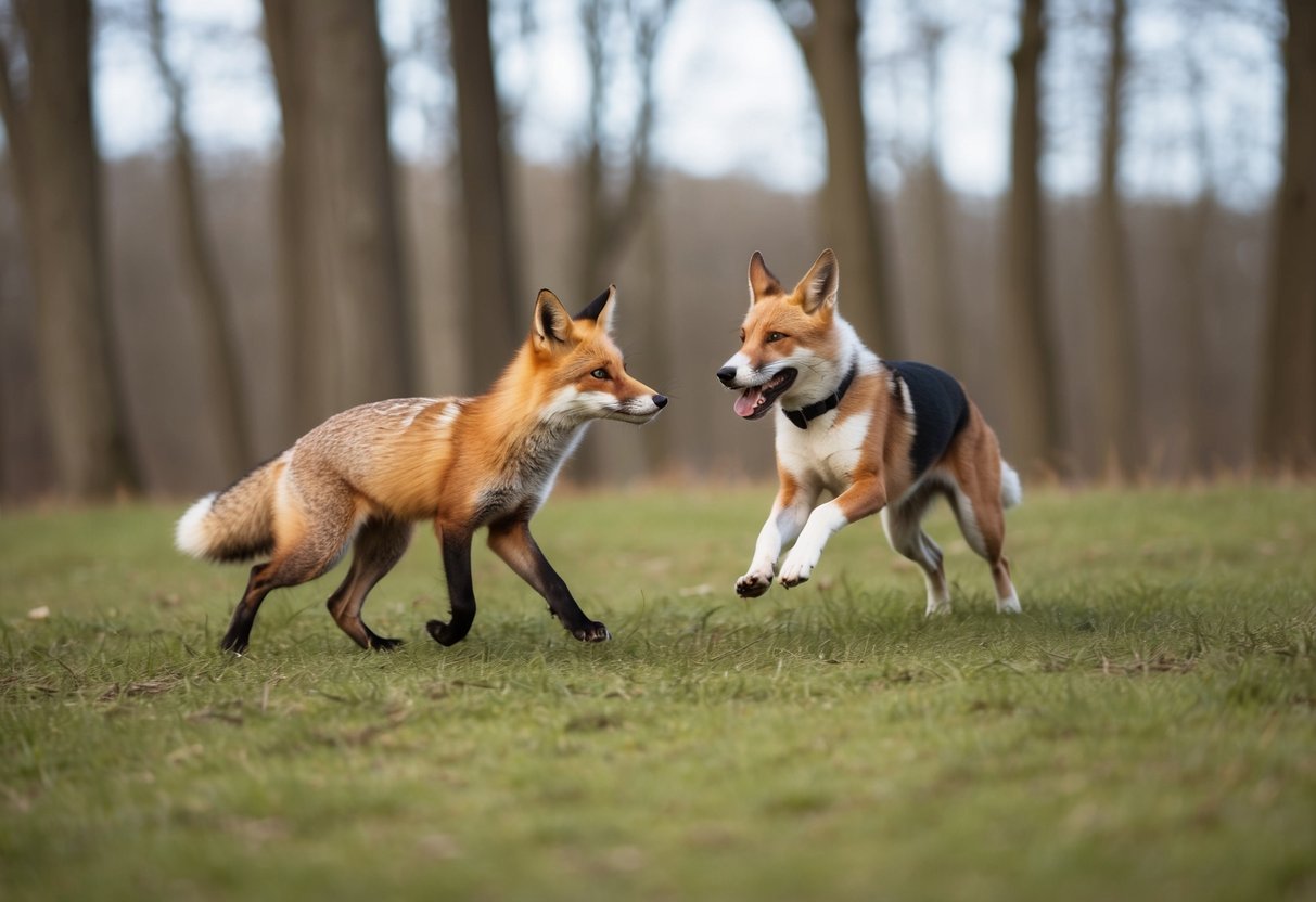 A fox outsmarts a dog in a game of chase through a forest clearing