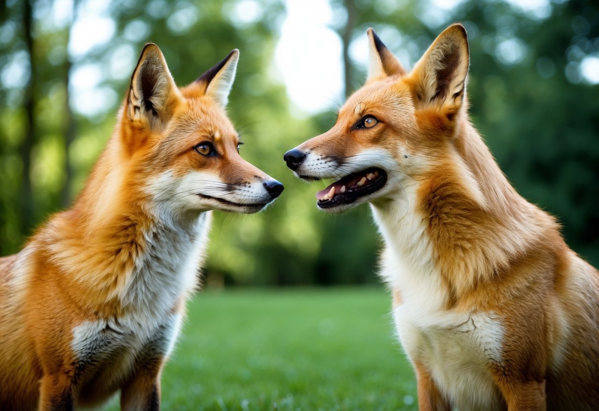 A fox and a dog stand side by side, facing each other with curious expressions. Their similar features highlight their genetic relationship