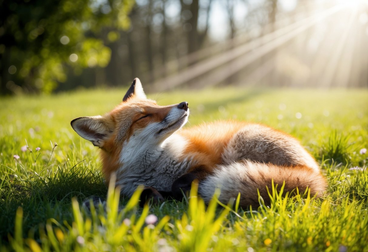 A fox lying in a sunny meadow, eyes closed, enjoying being gently stroked by a beam of sunlight filtering through the trees