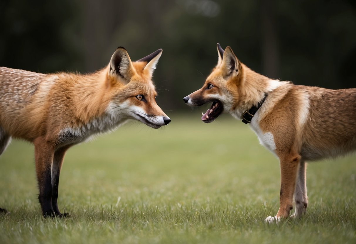 A fox confidently stands its ground, facing off against a barking dog, their eyes locked in a tense standoff