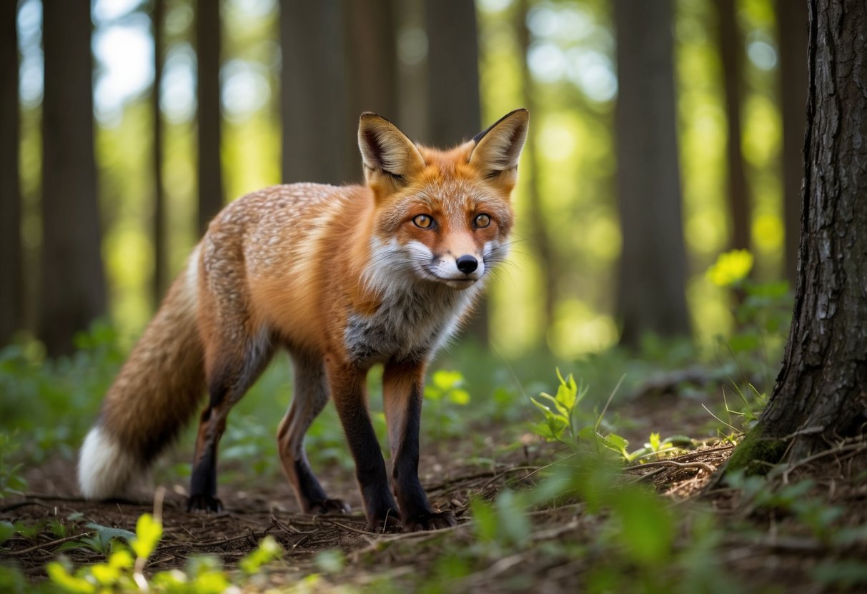 A fox emerges from the dense forest, its red fur glowing in the sunlight as it cautiously scans the surroundings
