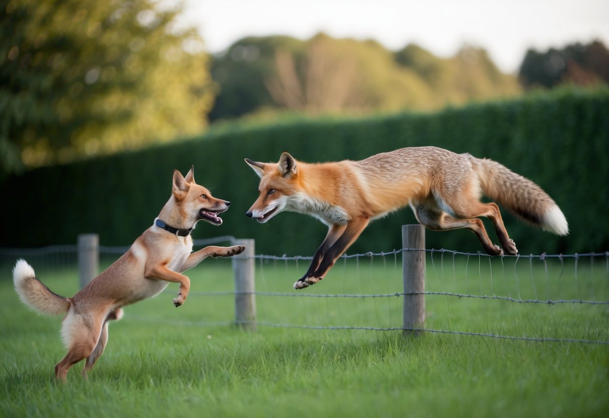 A fox outsmarts a dog, leaping over a fence to evade capture