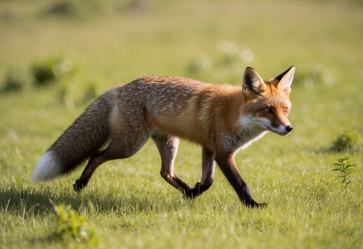 A fox trots through a sunlit meadow, its keen eyes scanning the surroundings. The daylight highlights its sleek red fur and bushy tail, giving off an air of alertness and curiosity
