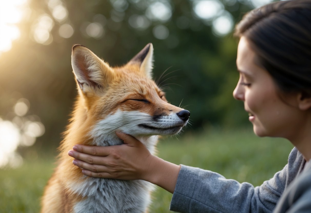 A person gently strokes a contented fox as it closes its eyes in pleasure