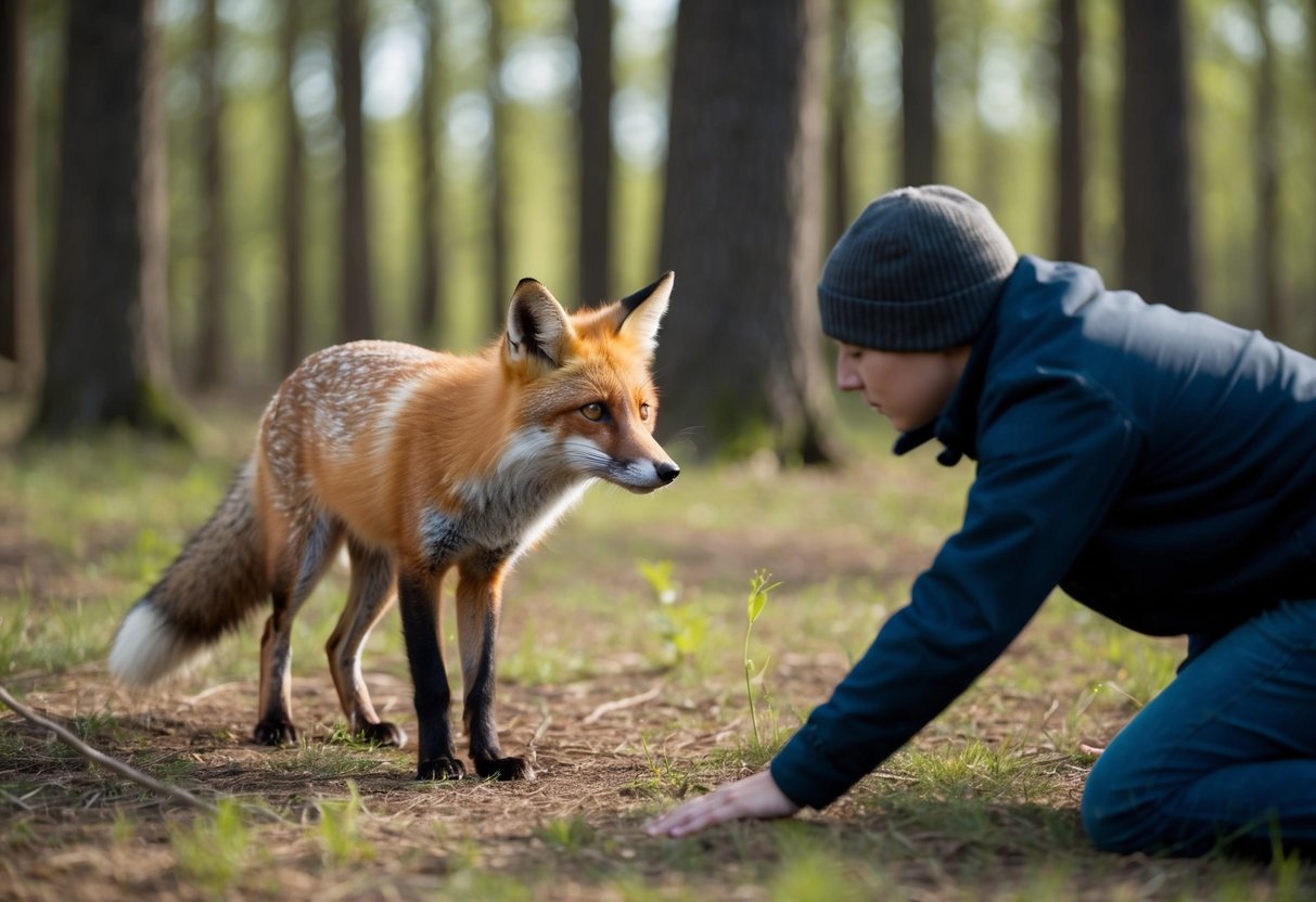A fox cautiously approaches a person standing still in a forest clearing, ears perked and eyes focused