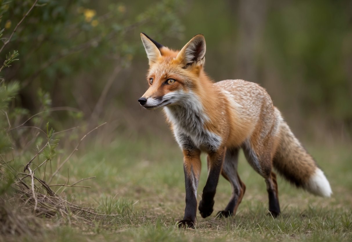 A fox cautiously approaches, ears perked, eyes alert. It sniffs the air, then darts away into the underbrush