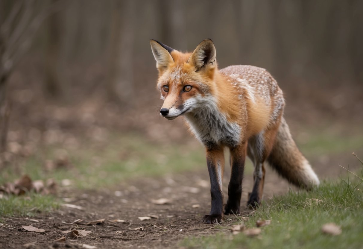 A fox quietly exits its den, lured by the scent of food left outside