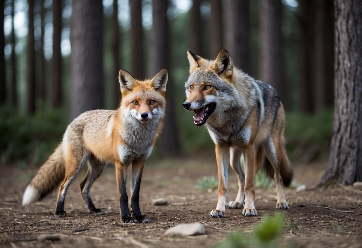 A fox stands confidently before a snarling wolf, ready to defend its territory in a dense forest clearing
