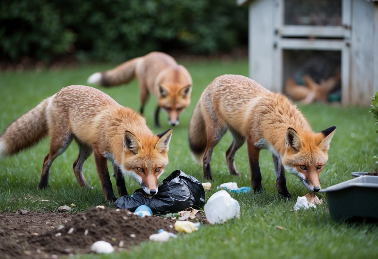 Foxes surround a small garden, digging through trash and eyeing the nearby chicken coop with hunger in their eyes