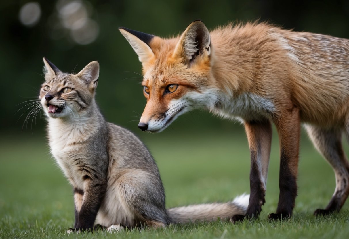 A fox cowers as a cat hisses and arches its back