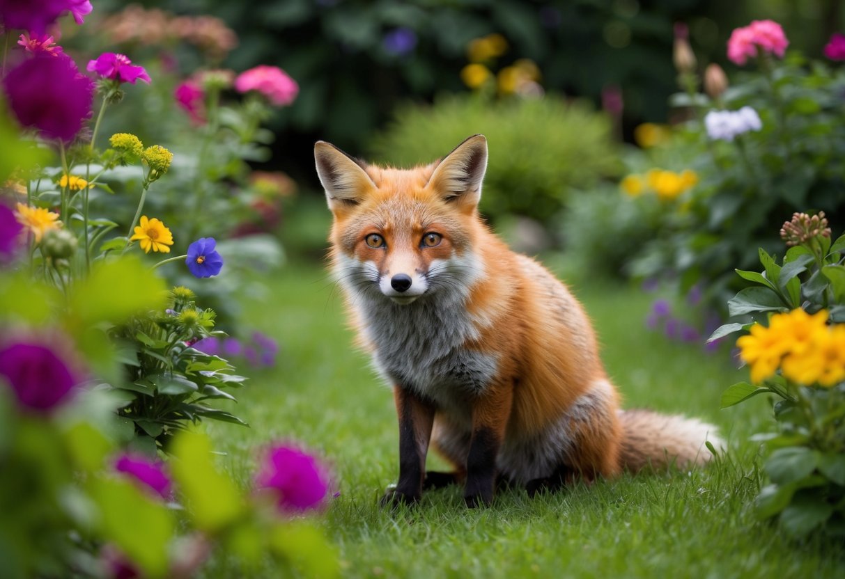 A fox sits trapped in a lush garden, surrounded by vibrant flowers and greenery. Its fur is ruffled as it looks around, searching for an escape route