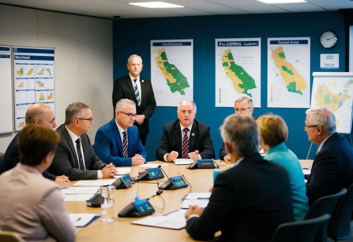 A group of council members discussing fox control measures in a meeting room with maps and charts on the walls