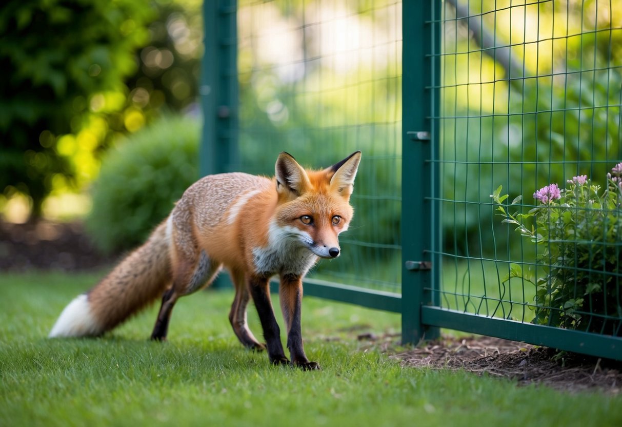 A fox trapped in a lush garden, nervously pacing near a fence