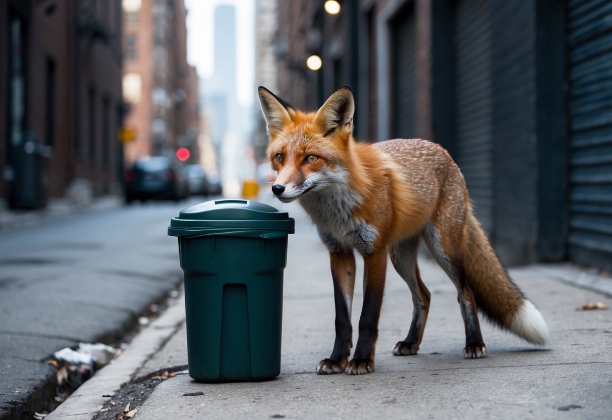 A fox cautiously approaches a trash can in an urban alleyway, its ears perked and eyes alert. The cityscape looms in the background