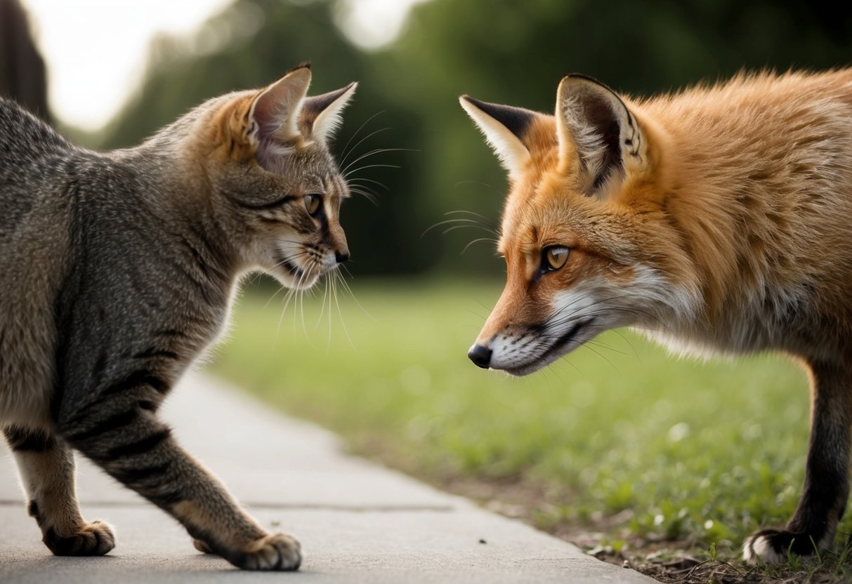 A fox cautiously eyes a curious cat, while the cat playfully approaches the fox