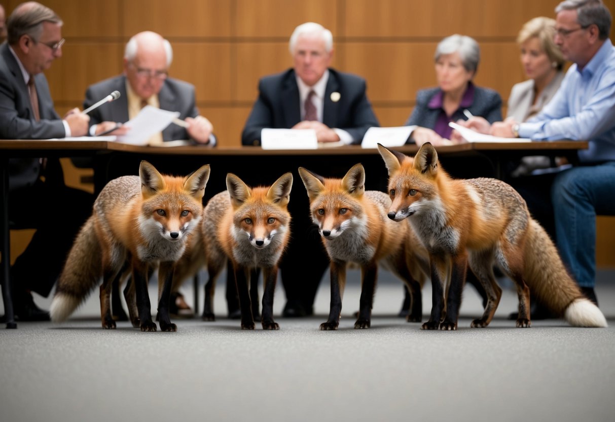A group of foxes cautiously approach a town council meeting, while concerned citizens debate their fate