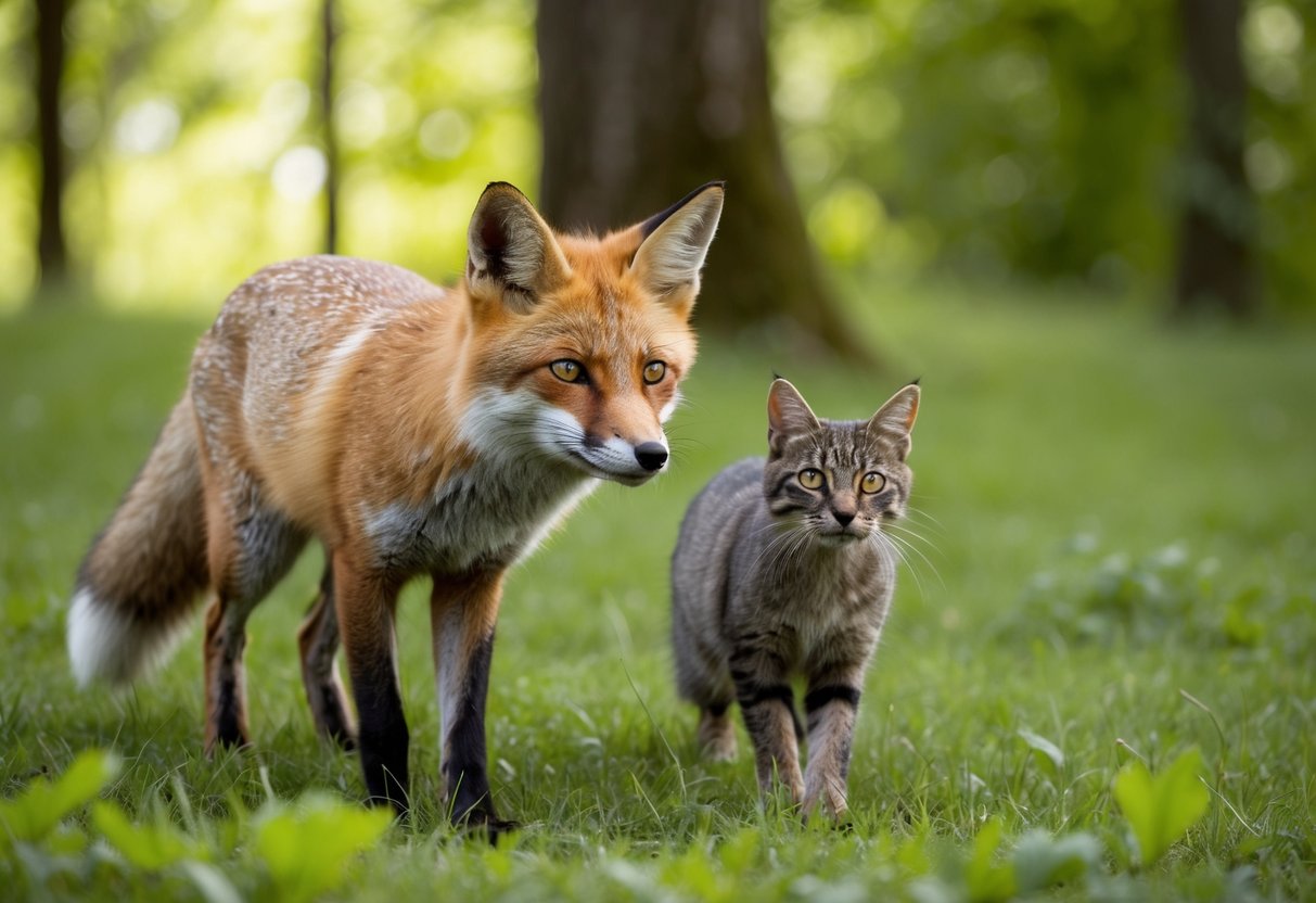 A cautious fox cautiously watches a wary cat from a safe distance in a lush, green forest clearing