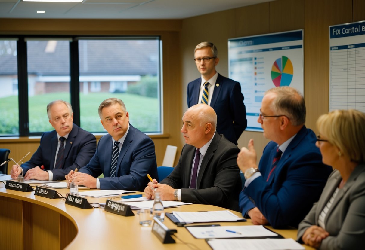 A group of council members discussing fox control methods in a meeting room with charts and graphs on the wall