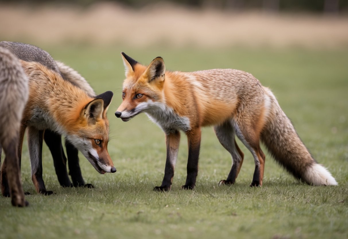 A fox approaches a group of animals, wagging its tail and sniffing the air with curiosity