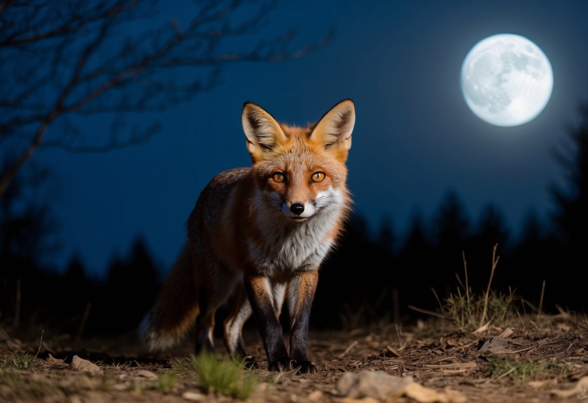 A fox emerges from the shadows under the moonlit sky, its bright eyes glinting as it prowls through the darkened woodland