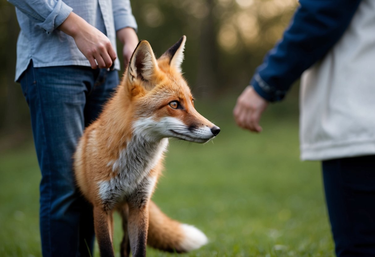 A fox cautiously approaches a human, ears perked and tail raised, showing curiosity and potential friendliness