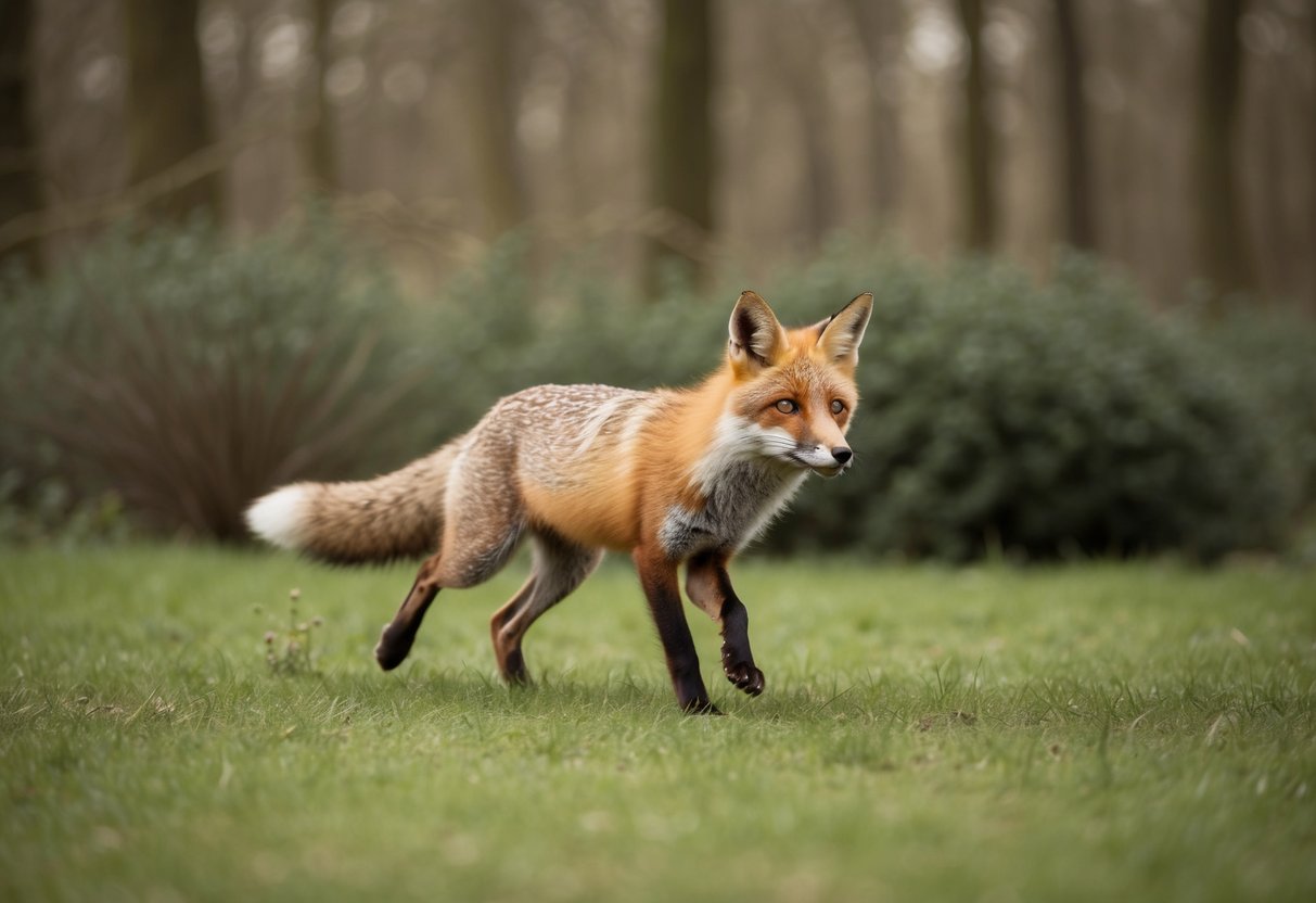 A fox running through a forest, with trees and bushes in the background