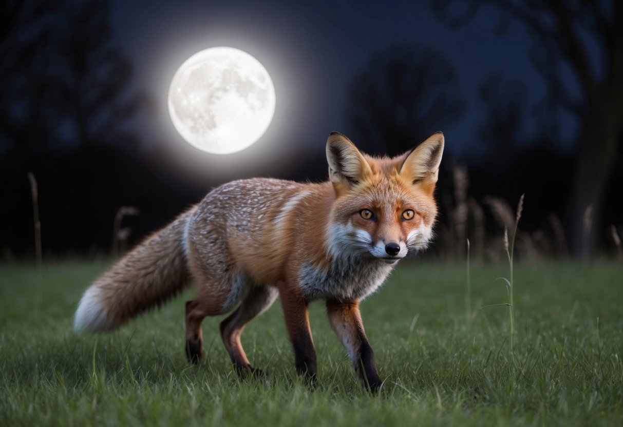 A fox emerges from its den, the moon casting a soft glow on the grass as it prowls for food in the UK night
