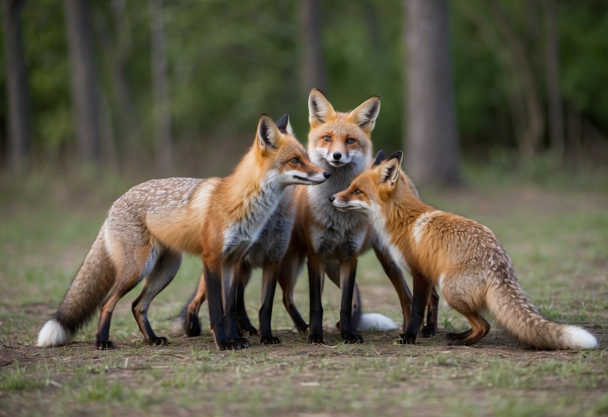 A group of foxes of different species interacting peacefully in a forest clearing, showing variations in fur color and size