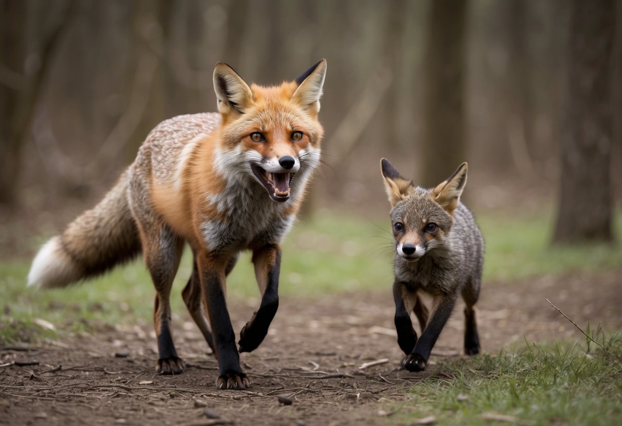 A fox with raised fur and bared teeth chases a smaller animal through a wooded area, its eyes fixed on its prey