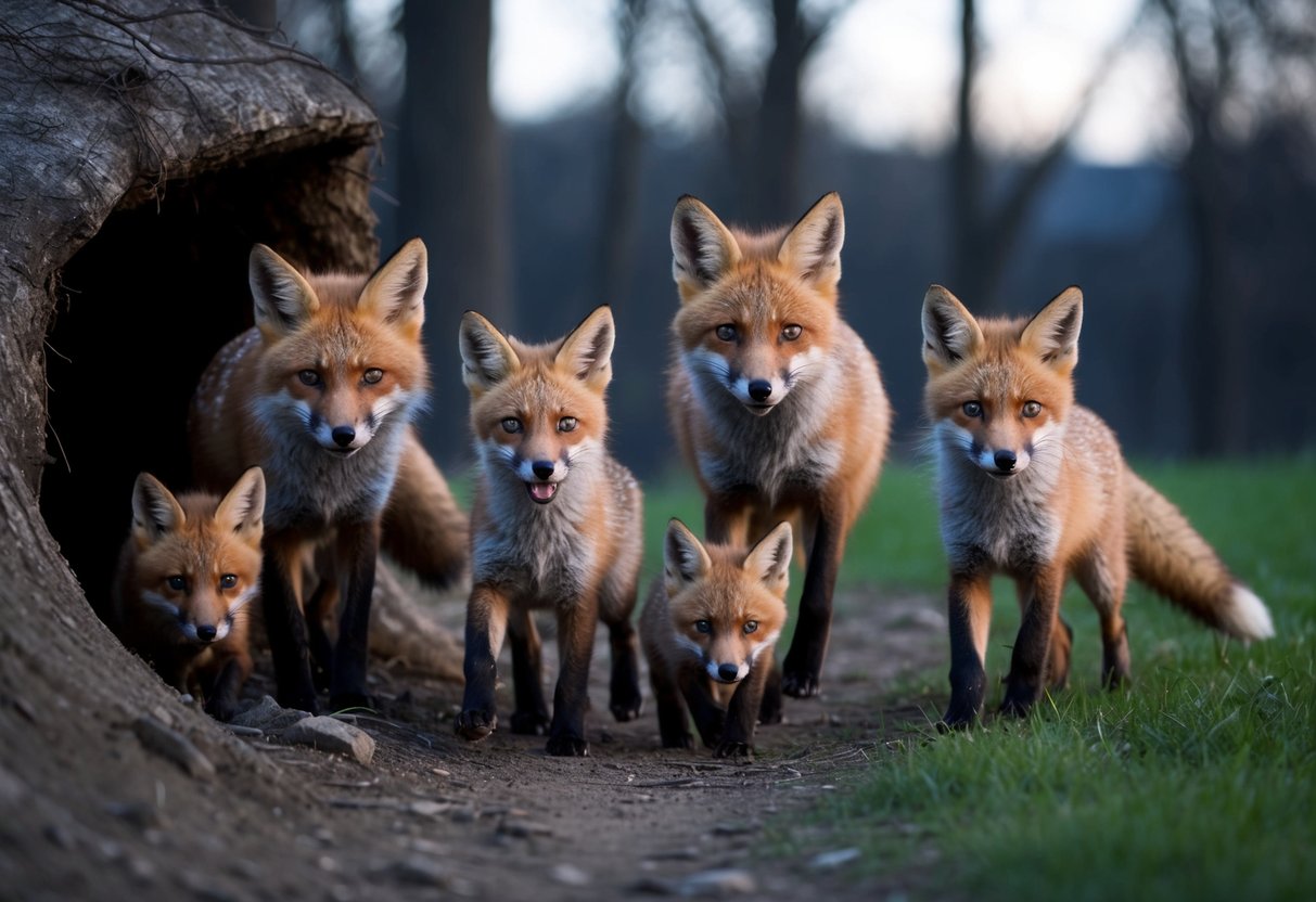 A family of foxes emerges from their den at dusk, the adults leading the way while the playful young kits follow closely behind