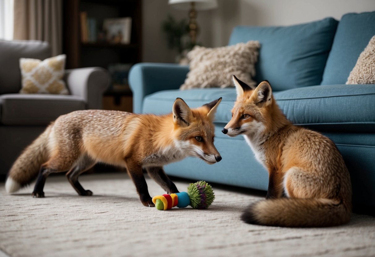 A fox lounges in a cozy living room, nuzzling a toy. Another fox sits nearby, watching with curiosity