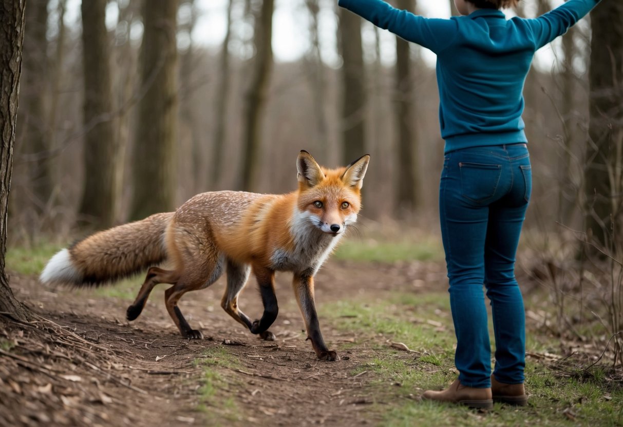 A fox running through a wooded area, with a person standing still and facing the fox with arms raised and making themselves appear larger