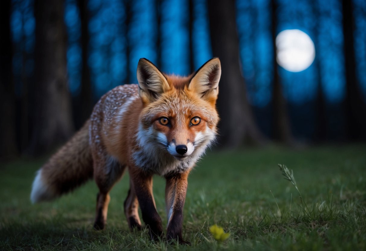 A fox emerges from the shadows of a moonlit forest, its bright eyes glinting as it cautiously explores its nocturnal surroundings in the UK