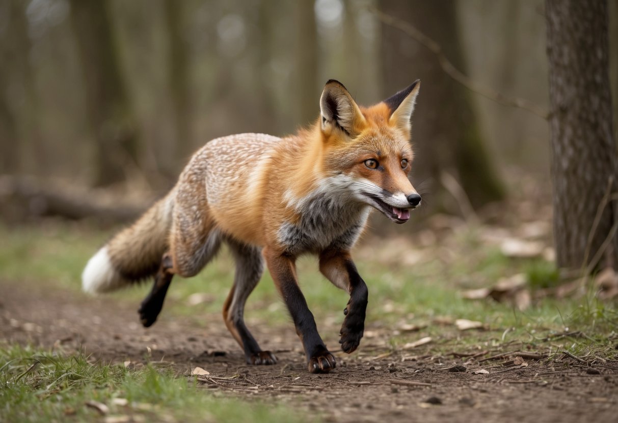 A fox running through a wooded area, its fur bristling as it chases after something