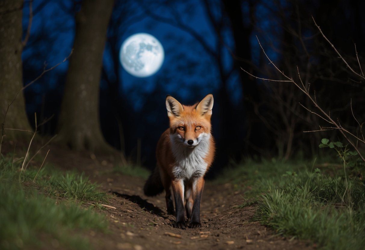 A fox emerges from a dark, wooded area under the moonlight in the UK