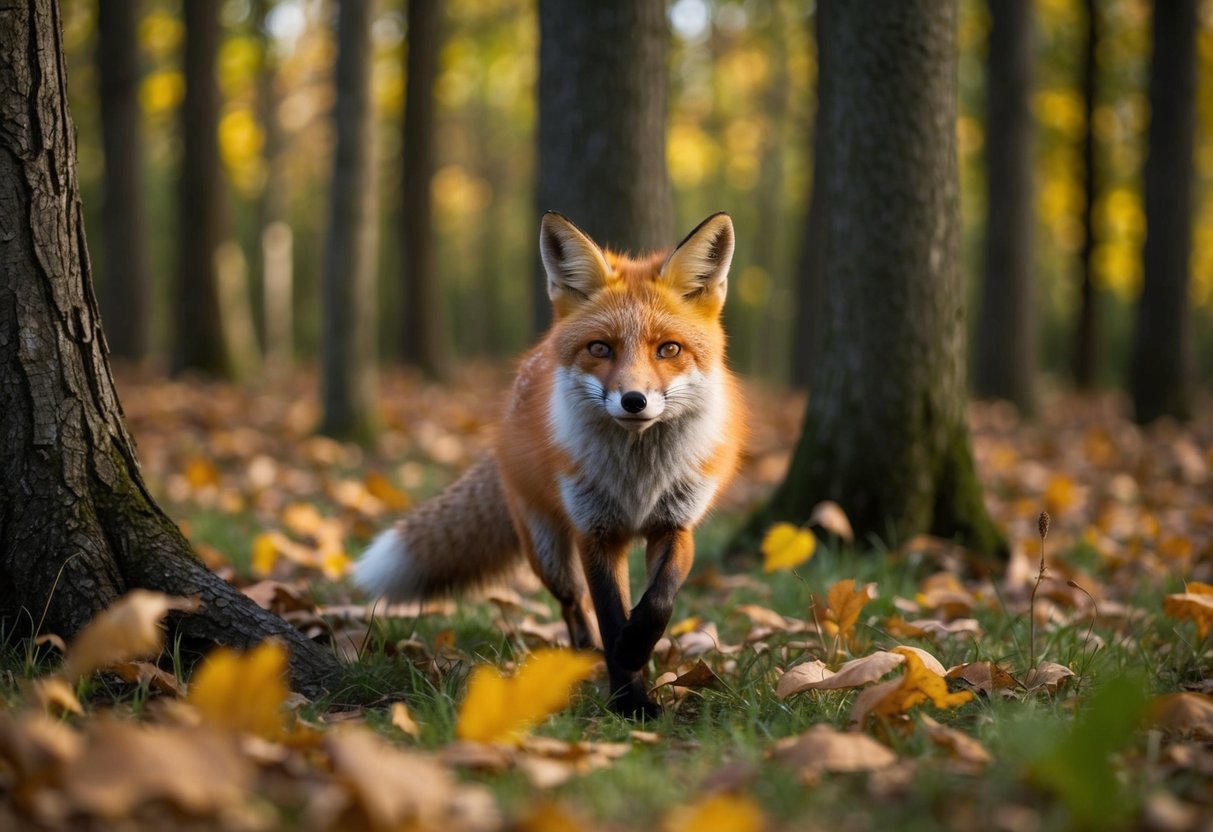 A fox chases through a dense forest, its red fur blending with the autumn leaves as it darts between the trees