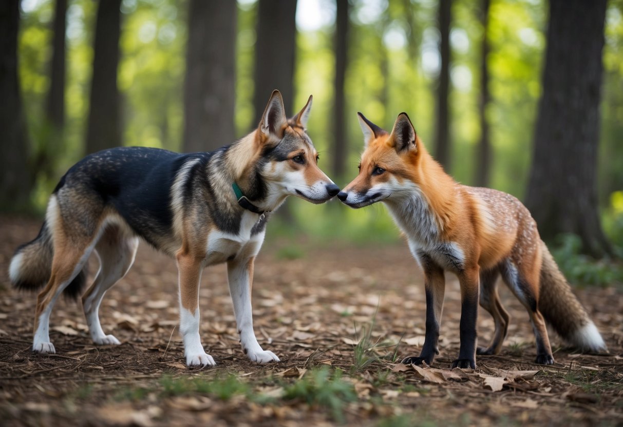 A dog stares at a fox in a wooded area, ears perked and body tense