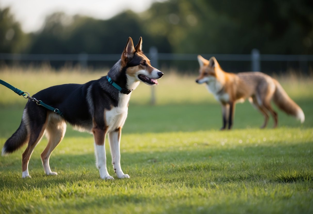 A dog stands alert, ears pricked, as it spots a fox in the distance. The dog is on a leash, and there is a fence separating them