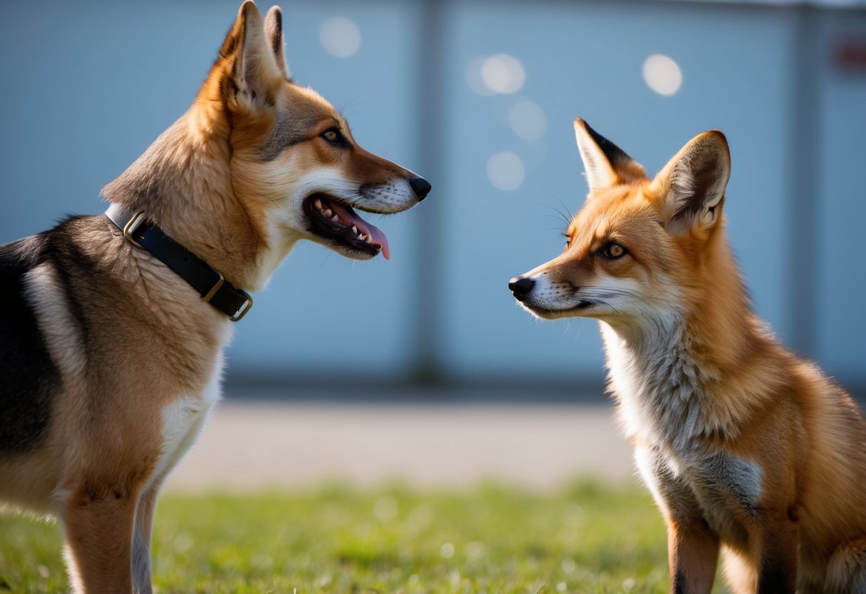 A dog standing alert, ears perked, facing a fox a few feet away. The fox is staring back, with a cautious yet curious expression