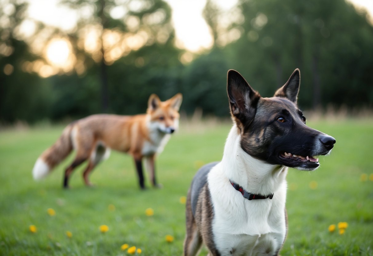 A dog standing alert, ears perked, staring at a fox in the distance