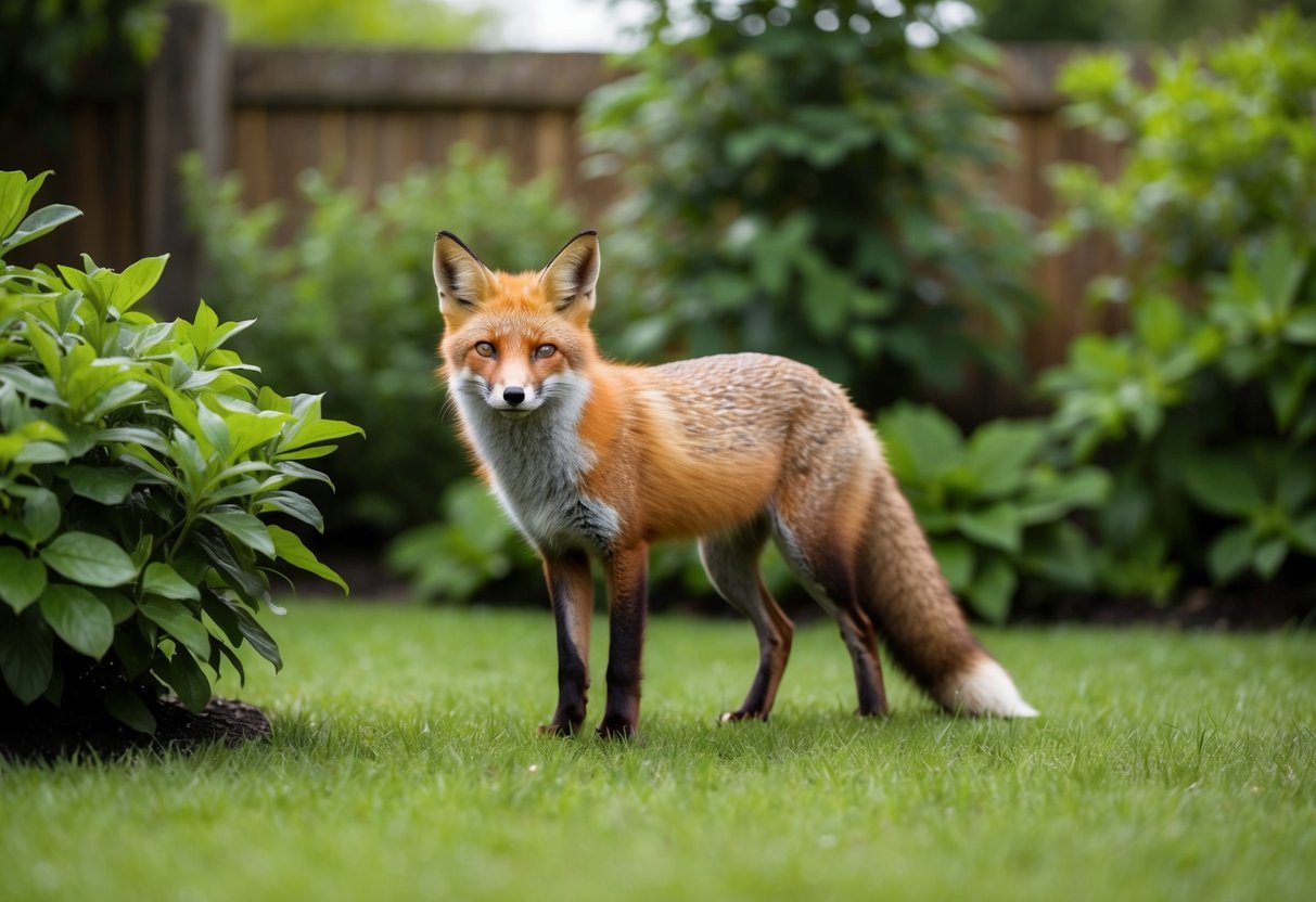 A fox stands in a lush garden, its red fur contrasting with the green foliage. Its eyes are alert, and it seems to be listening for any sound