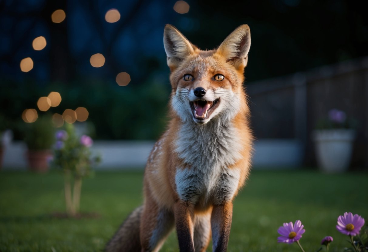 A startled fox, mouth open, stands in a garden at night