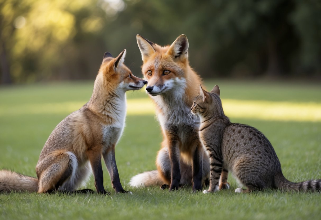 A fox interacting with both a dog and a cat, observing their behavior and body language