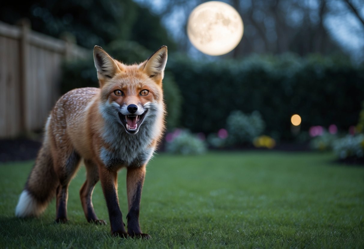 A fox stands in a moonlit garden, mouth open in a silent scream, ears alert, eyes wide with fear or aggression