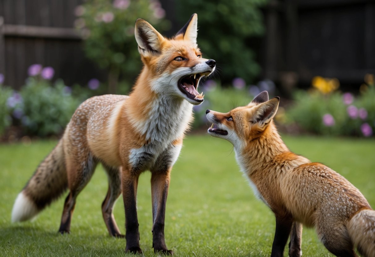 A fox standing in a garden, mouth open in a loud scream, while another fox approaches, displaying typical mating behavior